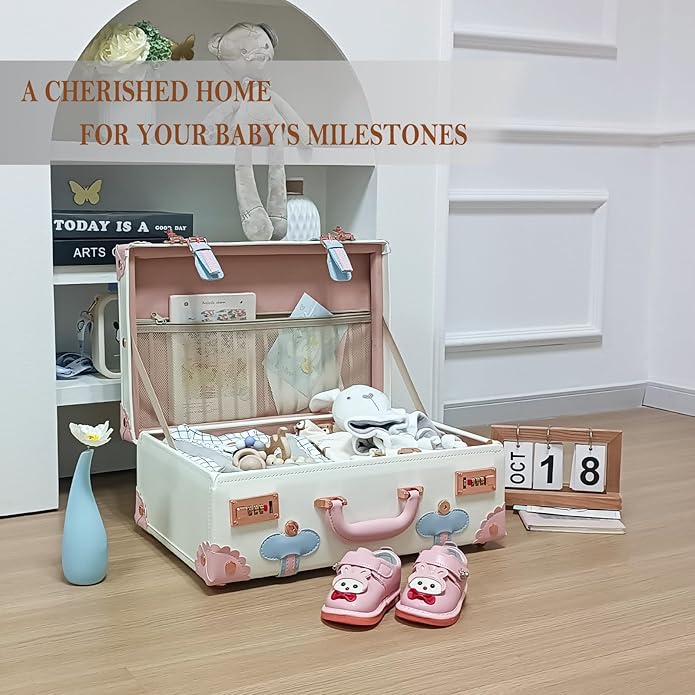 Unitravel Baby Keepsake Case, Handmade Memory Storage Box, Newborn Keepsake Box, Vintage Suitcase for Baby Shower, Baptism, Naming Ceremony or Birthday