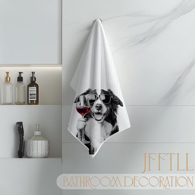 Funny Border Collie Kitchen Towels, Border Collie Gifts Dish Tea Towels for Home Bar Kitchen, Dog Lover Gifts, Wine Lover Gifts, Funny Hand Towels for Bathroom, 16x24 Inch
