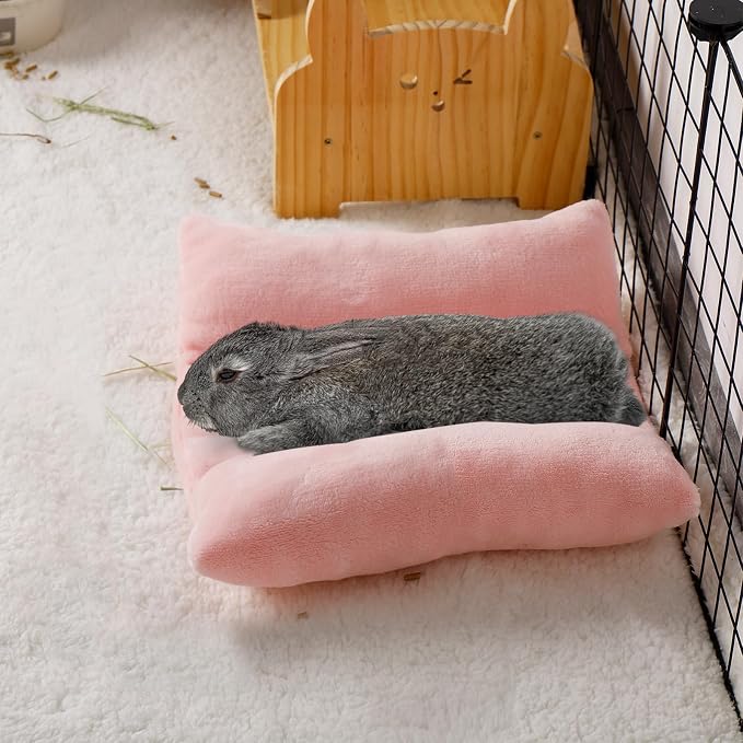 MEWTOGO 14" x 13" Bunny Bed for Rabbit Cage, Thickened & Soft | Prevent Sore Hocks Plush Mat with Cotton Lounger Pillows, Small Animal Flop Mat for Hutch Sleeping Indoor, Pink
