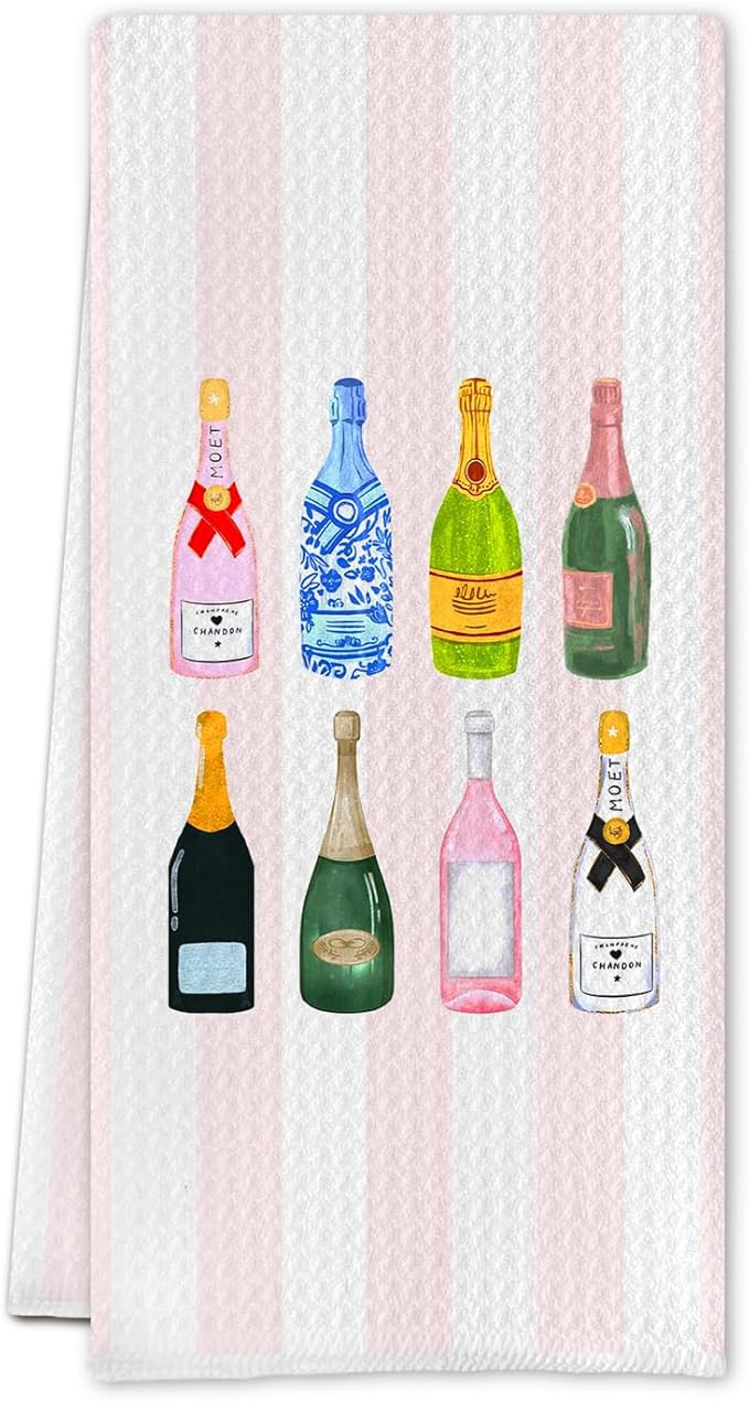 Preppy Pink Champagne Wine Kitchen Towels, Gifts for Champagne Lovers Dish Tea Towels, Pink Striped Sparkling Wine Decorative Hand Towel for Kitchen Bar Cart, 16x24 Inch