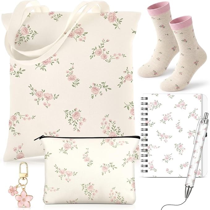 Talltalk 6 Pcs Pink Flower Gifts for Women Flower Lover Gift Set, Socks Canvas Bag Makeup Bag Spiral Notebook Ballpoint Pen and Stainless Steel Keychain for Christmas Birthday Graduation Thanksgiving