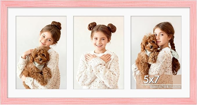 8x16 Collage Picture Frame 5x7 Collage Picture Frame Displays Three 5x7 inch Photos or 8x16 (Without Mat) for Available Horizontal Wall Mounting Display and Vertical Pink