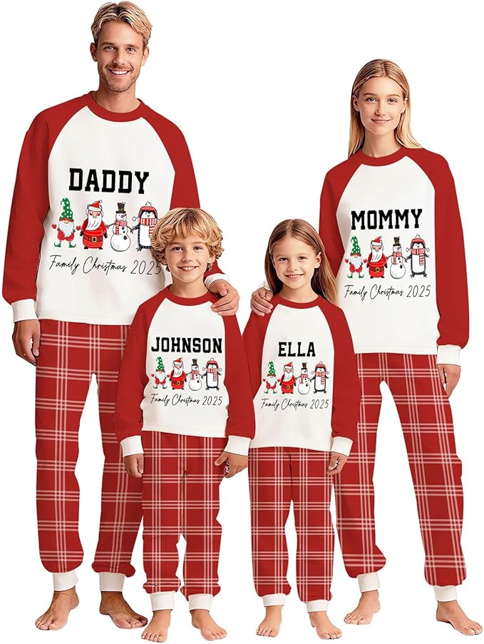 Personalized Family Christmas Pajamas Matching Sets 2025, Custom Xmas pjs, Long Sleeve Raglan Top Plaid Pant