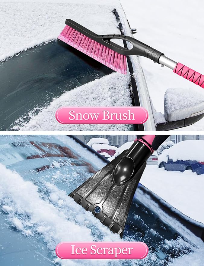 HEEYA 2 Pack 27 Inch Ice Scraper and Brush for Car, Snow Brush and Ice Scraper with Foam Grip, Detachable Snow Scraper for SUV Truck Jeep Vehicle Auto Windshield Window - Purple & Pink