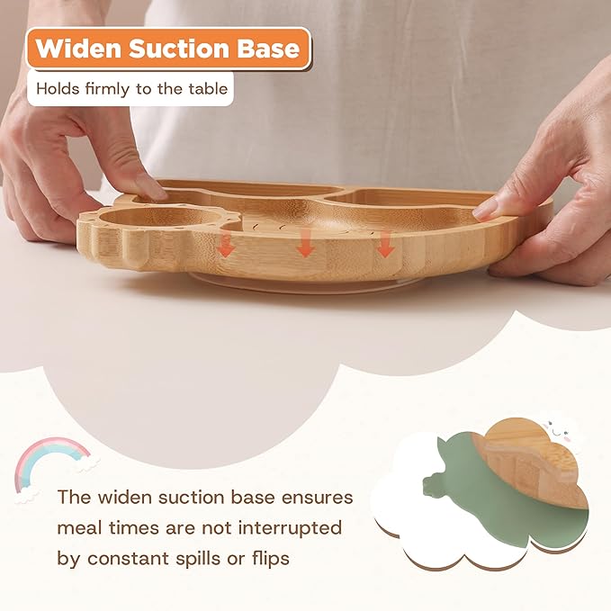 Bamboo Suction Plates Bowls Set for Baby Toddler - Includes Bamboo Bowl, Divided Plate, Silicone Fork & Spoon, All-Natural Baby Feeding Set for Baby-Led Weaning