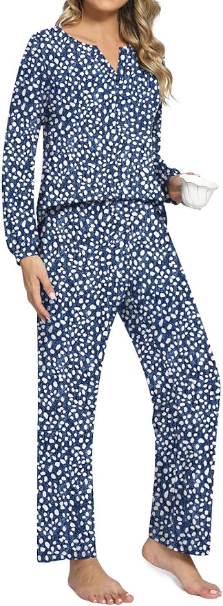 Anyally Women's Plus Size Pajama Sets Ladies Fall Pjs 2 Pieces Lounge Outfits V Neck Long Sleeves Sleepwear with Pockets