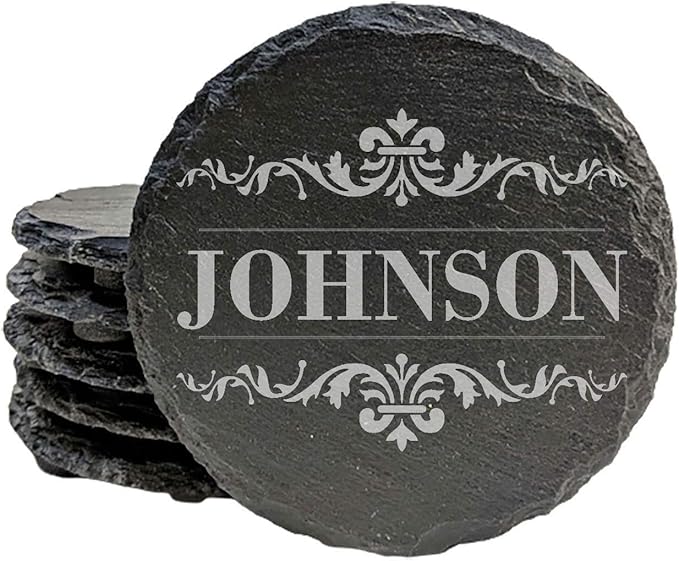 Personalized Monogram Family Coasters, Natural Stone Set, Birthday, Wedding, Customized, Rustic - Round Slate - Set of 4