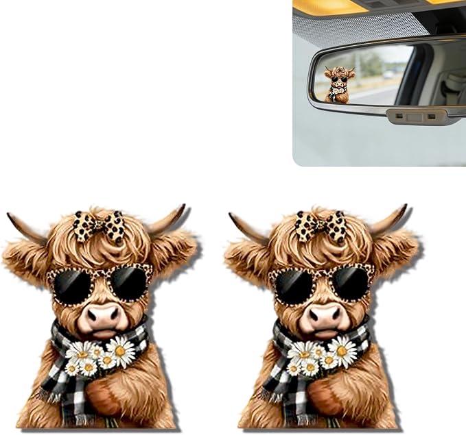 2Pcs Highland Cow Rearview Mirror Sticker Waterproof Vinyl Car Window Decal | Cows Car Accessories, Cute "Moo-tivational" Auto Decals Decor, Highland Cow Gifts for Women Men Animal Lovers
