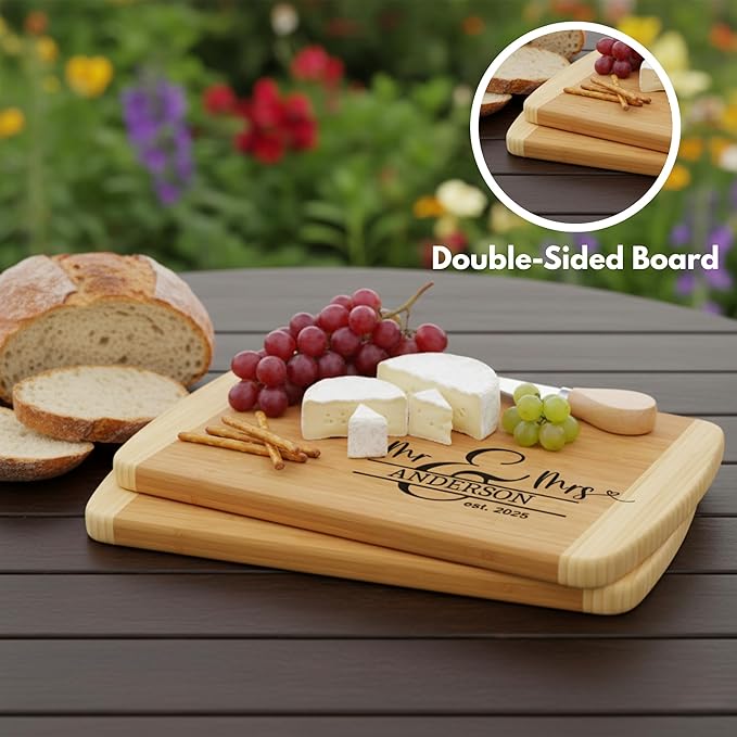 Personalized 2-Tone Cutting Board, Reversible Charcuterie Board, Double-Sided Bamboo Serving Board with Custom Engraving – 12 Design Options – Gift Wrap, Card & Mineral Oil Finish Add-Ons