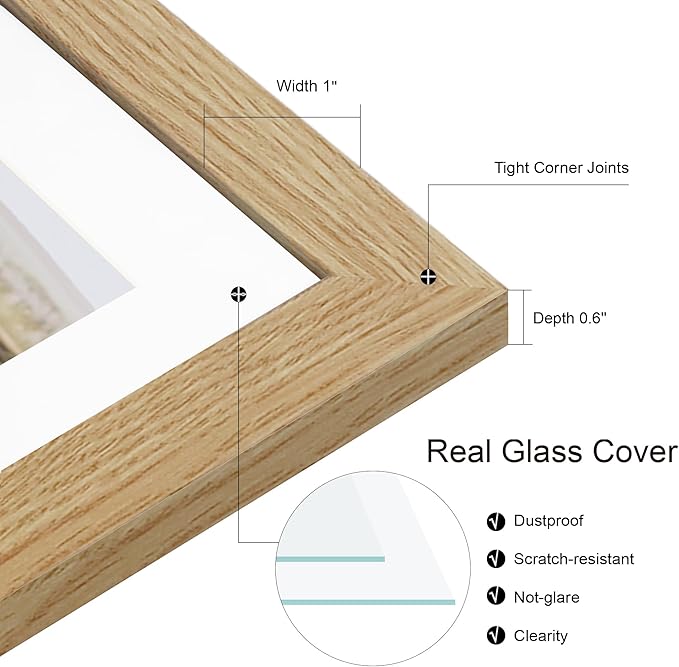 11x14 Picture Frame Set of 2, Natural Oak Wood Frame with Real Glass Collage Picture Frames, Display Pictures Five 4x6 With Mat or 11 x 14 Without Mat, Photo Frames Wall Gallery