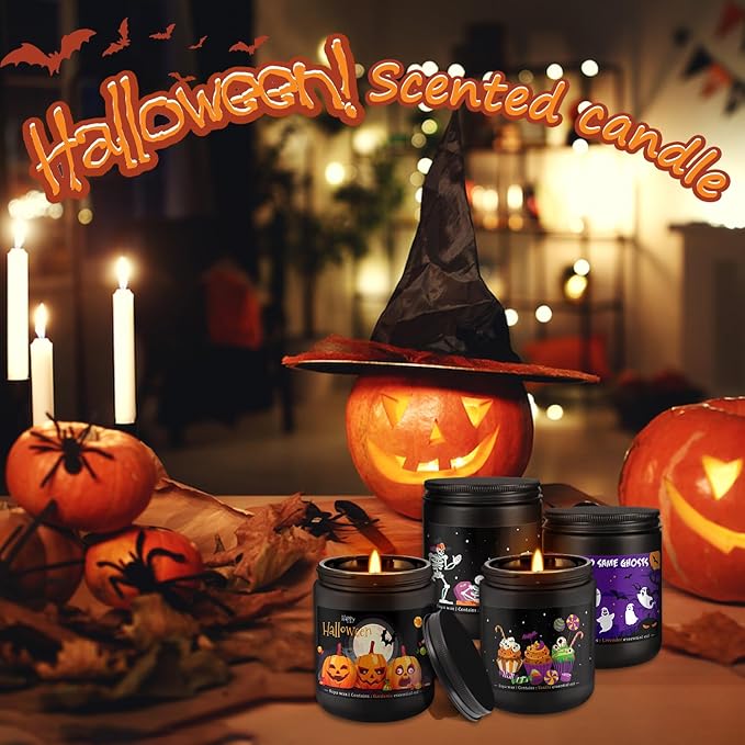 4 Pack 8Oz Halloween Scented Candles for Home Scented Aromatherapy Candles, Soy Wax Autumn Candle Gift Set for Women Men，Home Decoration，Themed Party Decor