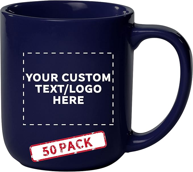DISCOUNT PROMOS Custom Vibrant Color Glossy Ceramic Mugs 16 oz. Set of 50, Personalized Bulk Pack - Perfect for Tea, Espresso, Cappuccino, Hot Cocoa - Cobalt Blue