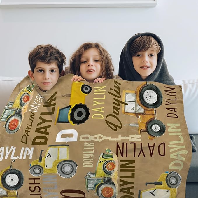 Personalized Tractors Blanket - Custom Name with Farm Tractor Trucks Design - Soft Plush Flannel Bed Blanket for Baby Kid Teen Boys Girls Customized Gifts Khaki