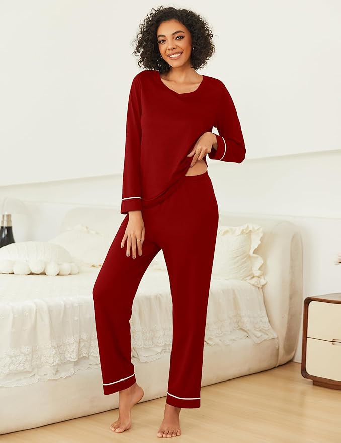 Ekouaer Womens 2 Pack Pajama Set Long Sleeve Pajamas Top and Pants V Neck Pjs Set Soft Loungewear with Pockets
