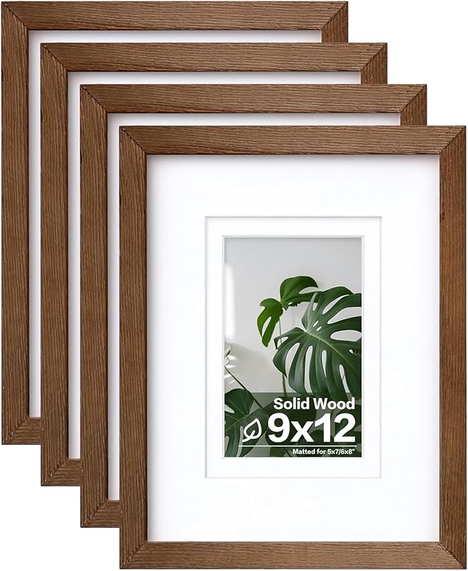 Egofine 9x12 Picture Frames Set of 4, Made of Solid Wood Covered by Plexiglass 5x7 and 6x8 with Mat or 9x12 without Mat, for Table Top Display and Wall Mounting Photo Frame,Walnut Brown