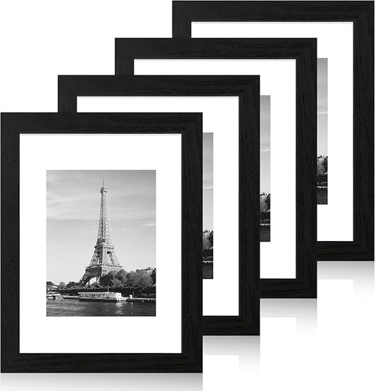 iRahmen 9x12 Picture Frame Set of 4 with Tempered Glass, Black Frames Display 6x8 Picture with Mat or 9 x 12 Without Mat, Wood Photo Frames for Tabletop Display and Wall Mounting