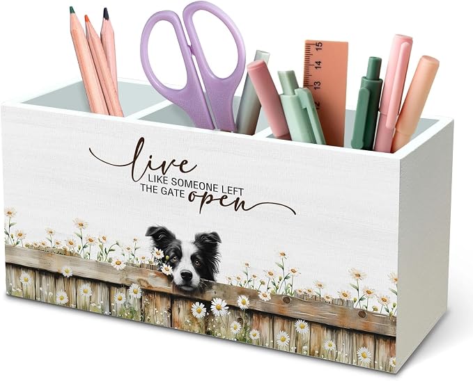 DILSJ Border Collie Inspirational Pen Pencil Holder Organizer for Desk, Border Collie Gifts, Live Like Someone Left the Gate Open Wooden Box Signs for Home Office Desk Tabletop Decoration， Supplies
