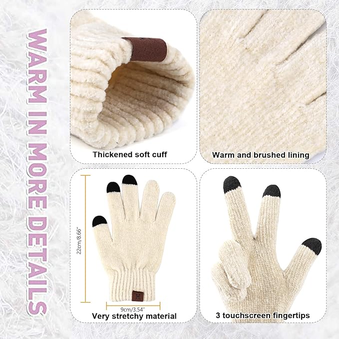 Womens Winter Knit Warm Hat Beanie Long Scarf Touch Screen Gloves Set Skull Caps Neck Scarves for Women