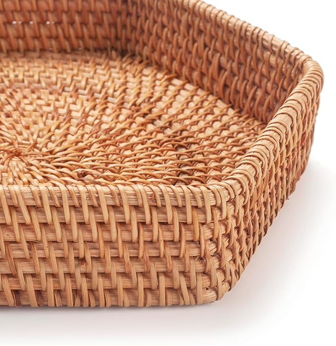 Hexagon Rattan Serving Tray for Coffee Table Woven Decorative Basket Trays for Ottoman Natural (8.7Inch x 1.8Inch)