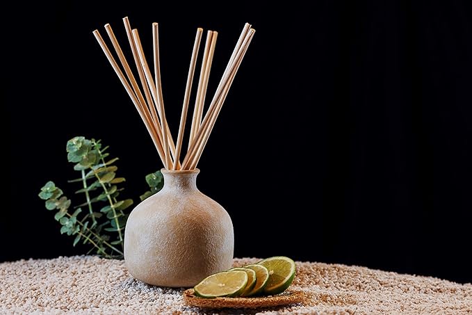 BLUEME Focus-Eucalyptus & Lime, 16.91 Fl Oz Wellness Diffuser, Contains Essential Oil, Sustainable, Hand Finished, Premium, Luxury Ceramic, Natural Rattan Reeds
