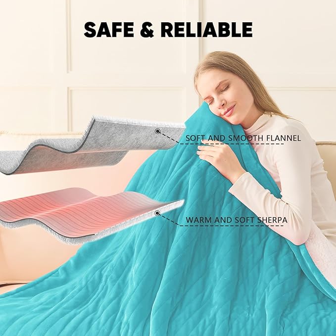 greenoak Heated Blanket Electric Twin 62"X84", Heating Blanket with 10 Heat Levels 1/2/4/6/8 Hours Auto-Off, Soft Flannel Sherpa Warm Heater Christmas Blanket,Aqua Green