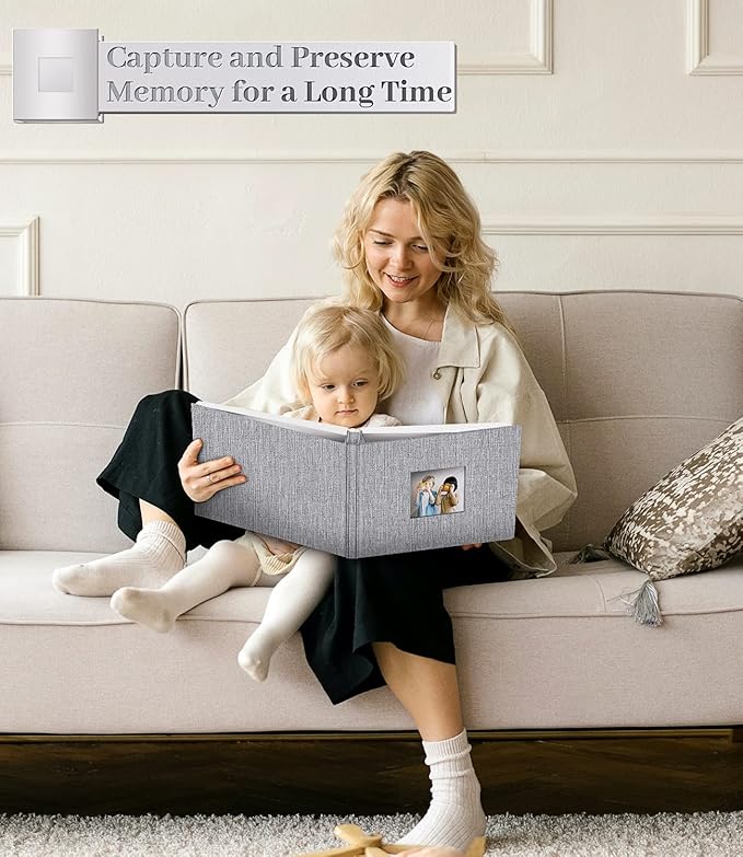 Photo Album Self Adhesive Scrapbook Album for 3x5 4x6 5x7 8x10 Pictures, 60 Pages Linen Cover with Display Window DIY Photo Book,Ideal Gifts for Family Travel Wedding Baby