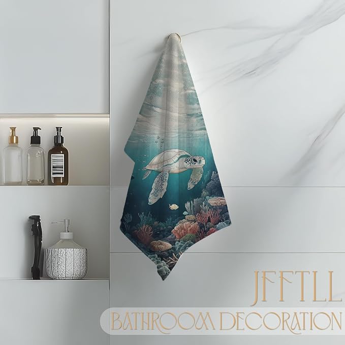 Sea Turtle Beach Kitchen Towels, Turtle Lover Gifts Decorative Dish Tea Towels for Kitchen, Coastal Nautical Beach Hand Towel for Bathroom Decor, 16x24 Inch
