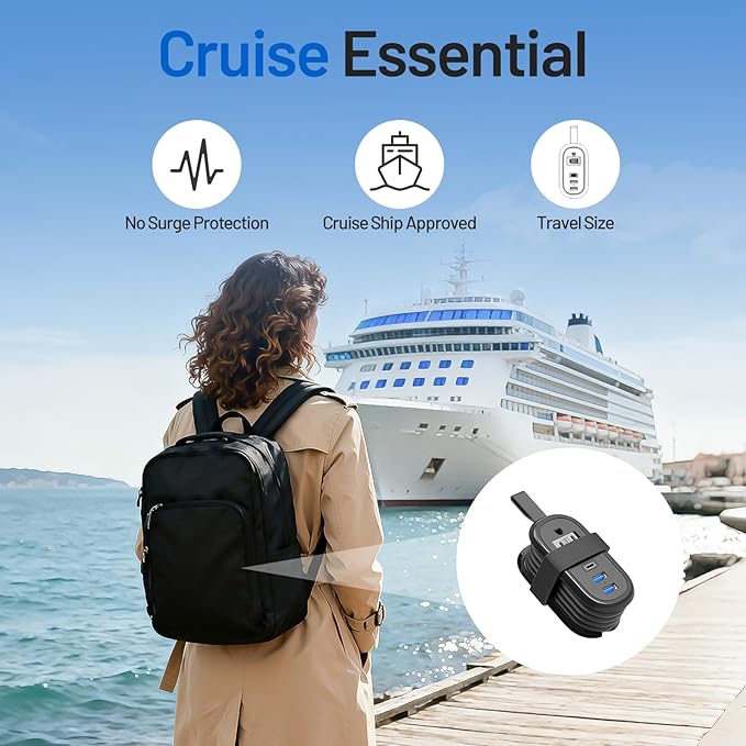 BEVA Travel Power Strip with USB C Ports, 4FT Extension Cord, 2 Outlets, 3 USB Ports, Cruise Ship Essentials (3.4A Charge, Black)