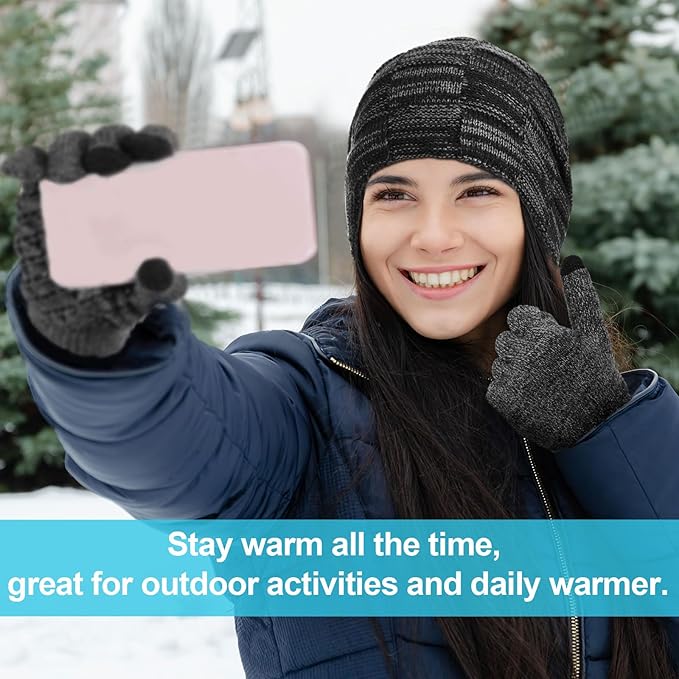 Winter Fleece Lined Beanie Hat Scarf Sock Touchscreen Gloves Set for Men Women