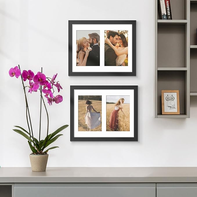 8x10 Double Picture Frame White Mat For Displaying Two 4x6 Pictures, Photo Frame for Wall Mounting or Tabletop, Black.