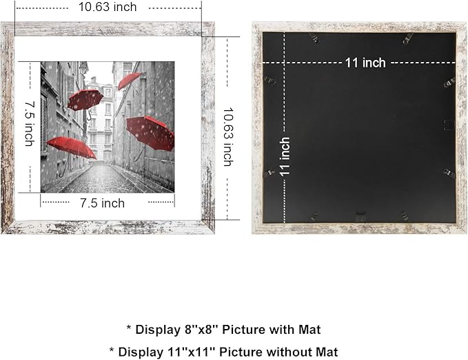 11x11 Picture Frame, Display Pictures 8x8 with Mat or 11x11 without Mat Rustic Style Square Photo Frames for Wall Mounting