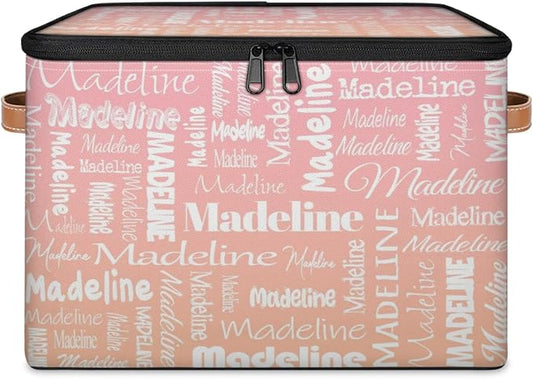 Custom Storage Basket with Name, Personalized Keepsake Box with Zipper Lid, Foldable Fabric Memory Bin Large capacity with Handle Pink Orange