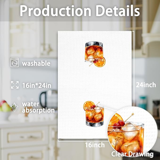 Old Fashioned Whiskey Decor Kitchen Towels, Whiskey Hand Towels, Whiskey Cocktail Dish Tea Towel for Kitchen Home Bar Decorative, Gift for Old Fashioned Cocktail Lovers Bar Cart Decor,16x24