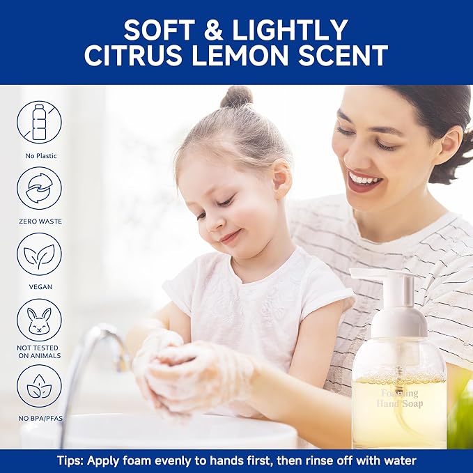 Foaming Hand Soap Refill Tablets 12 Pcs - Makes 96 fl oz Total (12x 8 fl oz) - Cleansing, Moisturizing, Vegan, No Plastic - for Foaming Dispenser Only (Not Included) - Citrus Lemon
