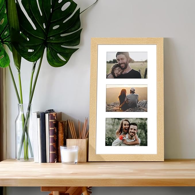 8x14 Collage frame with 3 Openings 4X6 Pictures, Multiple Picture Frame with Mat, Wall or Tabletop Decor, Natural Grain (1 Pack)