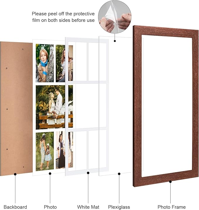 11x23 Picture Frame Display 5 opening 5x7 and 8x10 Picture Frame Collage,Multi Photo Frame with Mat,Plexiglass,Horizontal and Vertical Formats for Wall Decor,Walnut Wood Grain