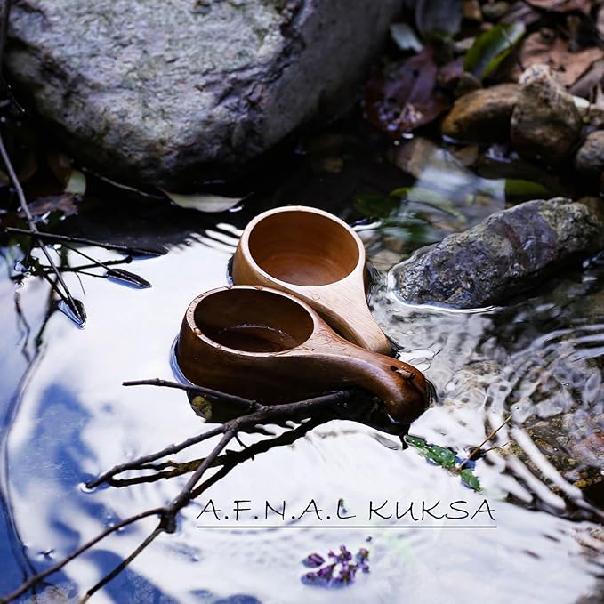 Kuksa Camping Mug Wooden Bushcraft Handcarved Cup, Nordic Style Coffee & Hiking Kuksa, Rubber Wood with Double Hole, 7.1 oz., 6.3" x 3.8" x 2.6"