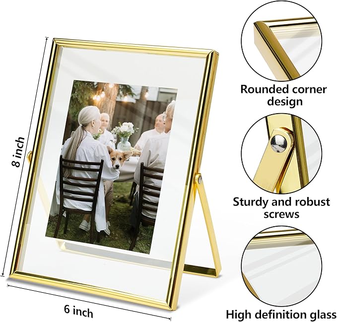 Vienrose Picture Frame for 5x7 4x6 3x5 Photos, Glass Floating Picture Frames, Gold Tabletop Photo Frame for Home Wedding Party Office Decor (6"x 8",2 Pack)