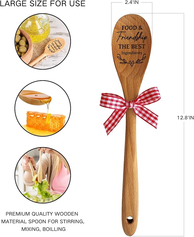 Food & Friendship Soup Salad Mixing Stir Serving Wooden Spoon for Cooking for Chef Mom Family and Friends Christmas Birthday Thanksgiving Day Stocking Stuffers Decor Gift
