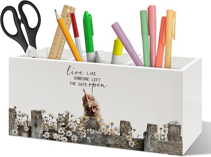 Rustic Chicken Pen Holder Organizer, Farmhouse Chicken Lover Gifts for Women Desk Decor, Live Like Someone Left the Gate Open Wooden Pen Pencil Holders for Vintage Desk Accessories