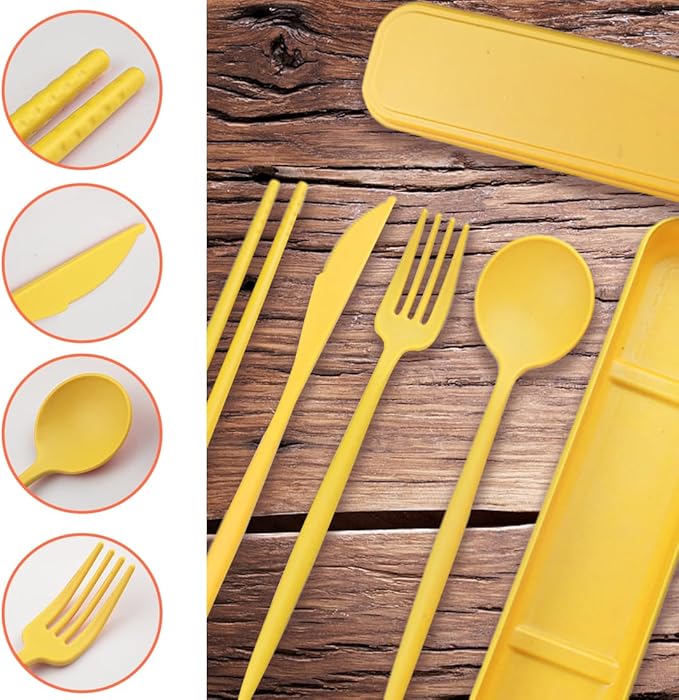 4 Sets Reusable Utensils Set with Case,Camping Cutlery Set Travel Silverware Set with Case Lunch Utensils Set for Work,Utensil Sets for Lunch Picnic Daily Use Outdoor (Yellow)