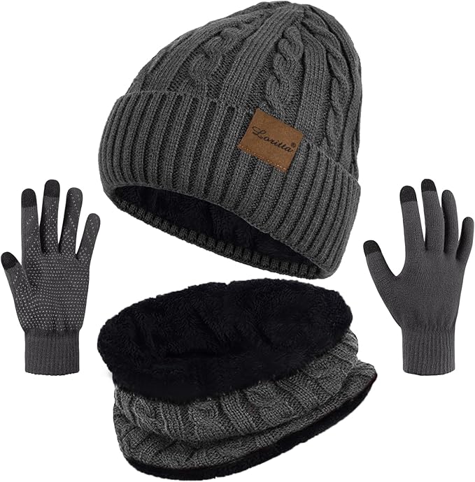 Loritta 3 Pieces Winter Hats for Women Scarf Touch Screen Gloves Set Thick Warm Fleece Lined Beanie Hat Gifts