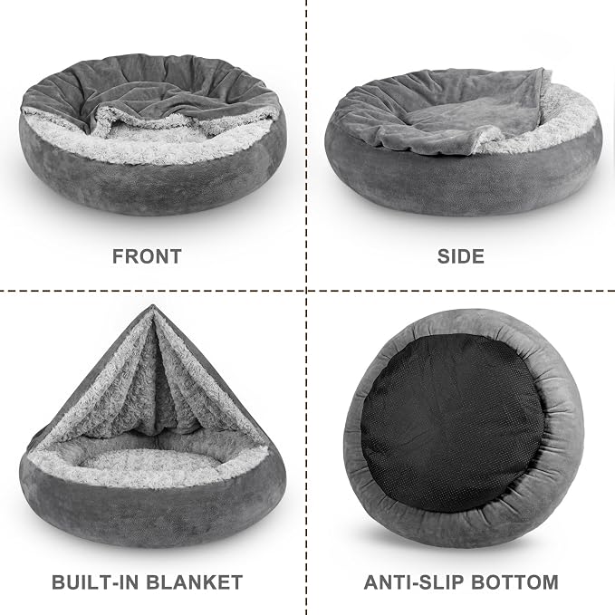 JOEJOY Small Dog Bed Cat Bed with Hooded Blanket, Cozy Cuddler Luxury Puppy Pet Bed, Donut Round Calming Anti-Anxiety Dog Burrow Cave Bed - Anti-Slip Bottom and Machine Washable 23 inch