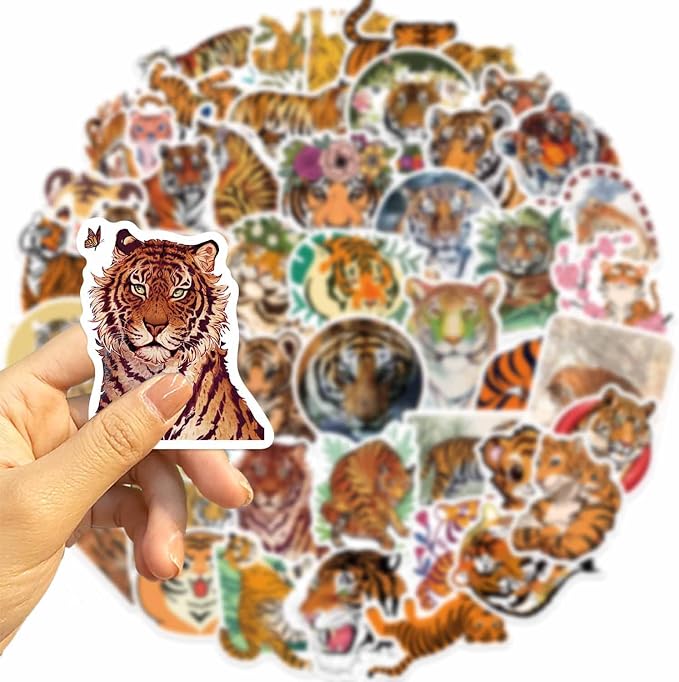 50Pcs Tiger Sticker, Cute Tigers Stickers for Kids Teens Adults, Vinyl Cartoon Animals Decals Kawaii Sticker for Decor Water Bottles Laptops Guitar Scrapbook