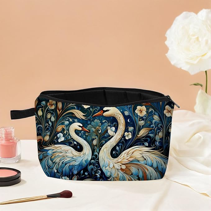 Swan & Floral Print Cosmetic Bag Nature Gift for Birthdays & Holidays Zippered Garden Organizer Travel Makeup Bag