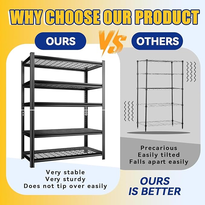 Metal Wire Garage Shelving Unit, Heavy Duty Adjustable Storage Shelves, Steel Shelving, 3000 lbs Capacity, Industrial Shelves for Heavy Tools and Equipment, 5Tier-47.2" Wx 23.6" Dx 71.2" H