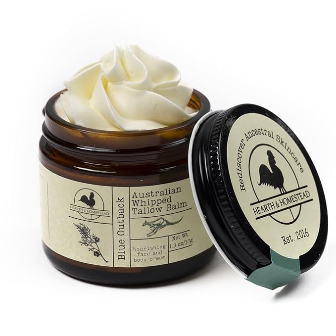 Hearth and Homestead: Handmade Blue Outback Australian Whipped Tallow Balm with Emu, Jojoba, Sandalwood, and Blue Cypress - 1.3 oz -