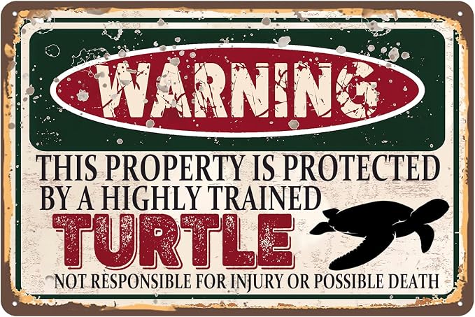 Vintage Turtle Metal Sign Wall decor | Warning this property is protected by a highly trained Turtle Sign Funny Tin Signs 12x8 Inch