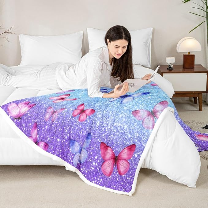 Feelyou Girls Glitter Print Fleece Throw Blanket 40"x50" Kids Blue Purple Butterfly Sherpa Blanket Plush Fuzzy for Bed Couch Chair Living Room, Dreamy Girly Bed Blanket Princess Style Room Decor