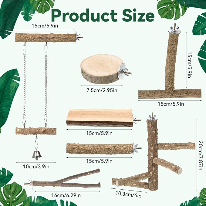 7PCS Natural Wood Bird Perch Set, Includes Paw Grinding Forks, Chewing Sticks, Exercise Branches, Hanging Multi-Branch Perch Platform, Swing Toy Rope Perches, for Medium Birds